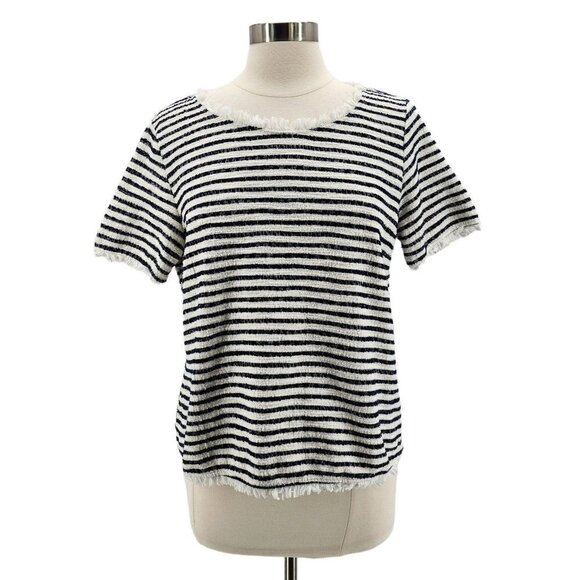 Green Envelope Striped Frayed Blue White Textured Knit Top Womens Large - Picture 1 of 6